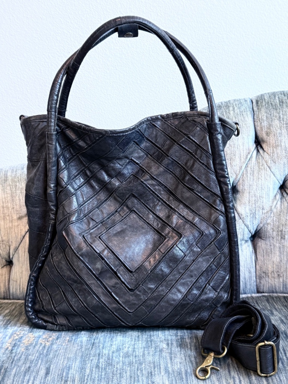 Oversized Patchwork Leather Lost & Found Tote Black Adjustable Crossbody